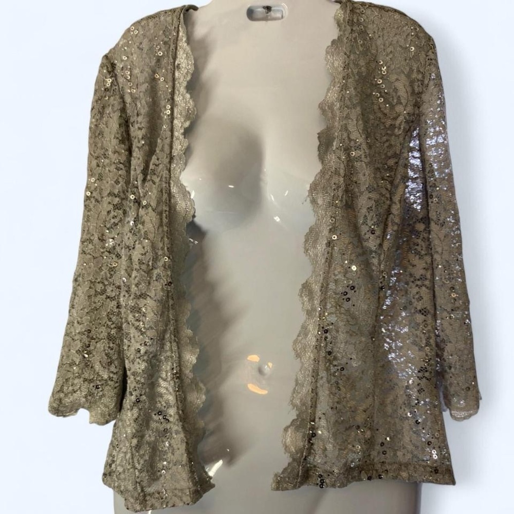 R&M Collections silver sequin lace 3/4 sleeve top with bell sleeves approx L